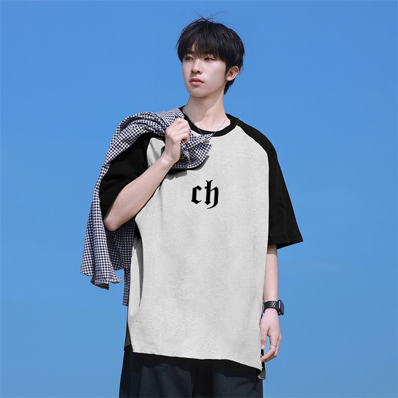 抖音得物高品质二开240克宽松纯棉美式潮牌插肩袖拼接短袖T恤，男装T恤，电商A486