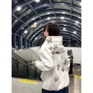 美式高街蝴蝶刺绣连帽男款蝴蝶印花春秋薄款宽松卫衣WY1054 P42图片