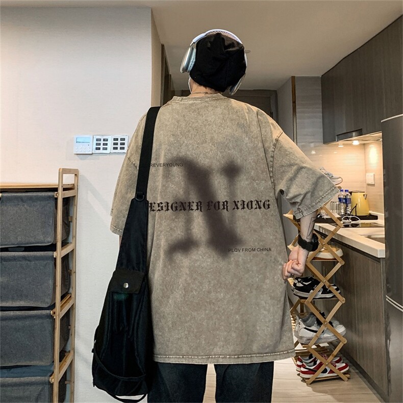 DSA028-SXDT2305P32重磅蜡染克美式复古水洗潮牌印花短袖男,男装T恤,电商A028