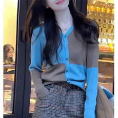 时尚撞色拼接羊毛开衫显瘦百搭长袖针织衫，女装羊毛衫，泰沅羊绒