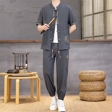 风夏季两件套男士冰丝宽松短袖套装民族男装汉服，男装T恤，星座1206（原A206）