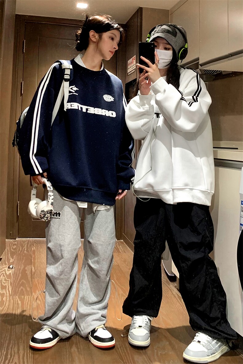 主推中性秋装学院运动风织带印花情侣卫衣圆领外套男女H868P48,女装短外套,电商A341