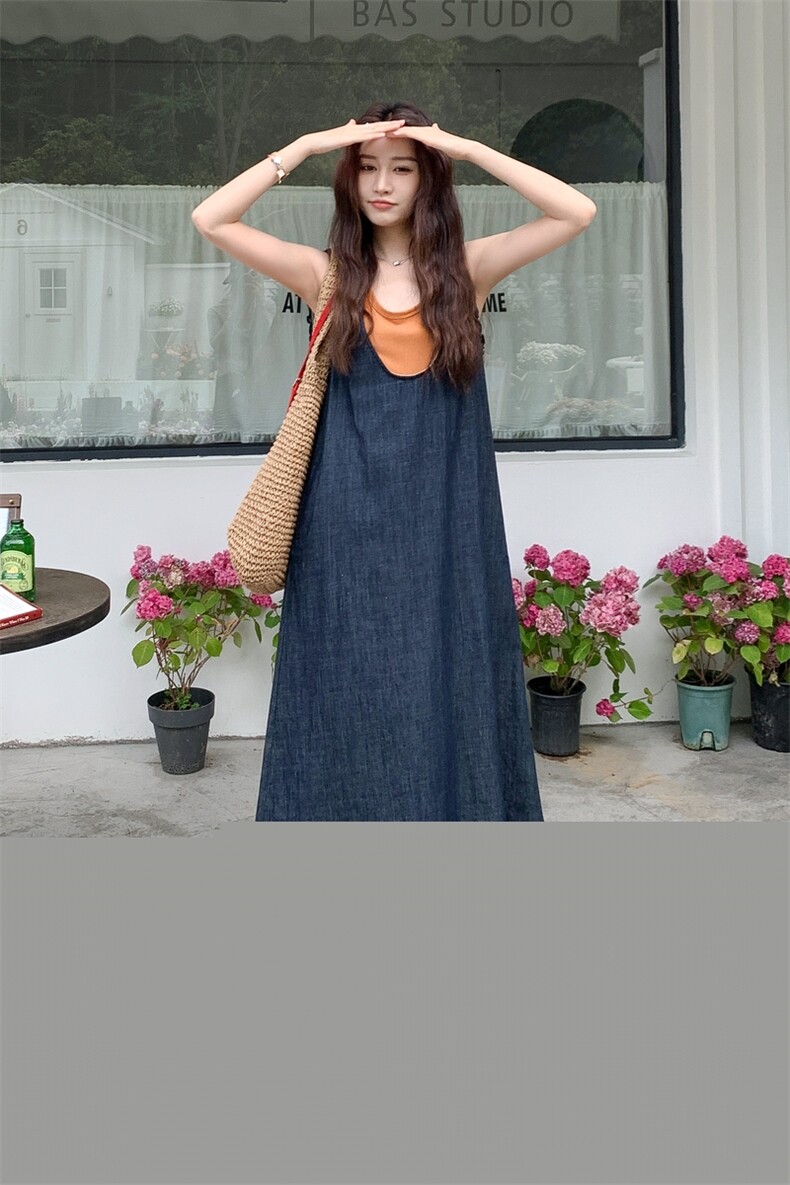 法式假两件拼接牛仔无袖背心连衣裙女夏2025新款学院风巨好看长裙,女装连衣裙,2C323