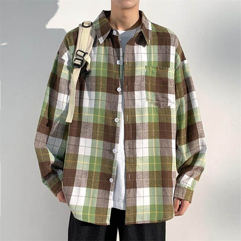 特批P30无差价秋季高街潮牌格子衬衫男士设计感百搭衬衣外套C2537，男装衬衫，电商A001