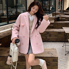 粉色毛呢西装外套春秋女2025新款韩系甜气小个子双面呢小西服，女装西装，天使之佳话
