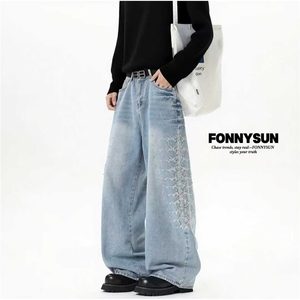 FONNYSUN美式潮牌水洗小众牛仔裤男秋季阔腿直筒百搭休闲拖地裤子图片