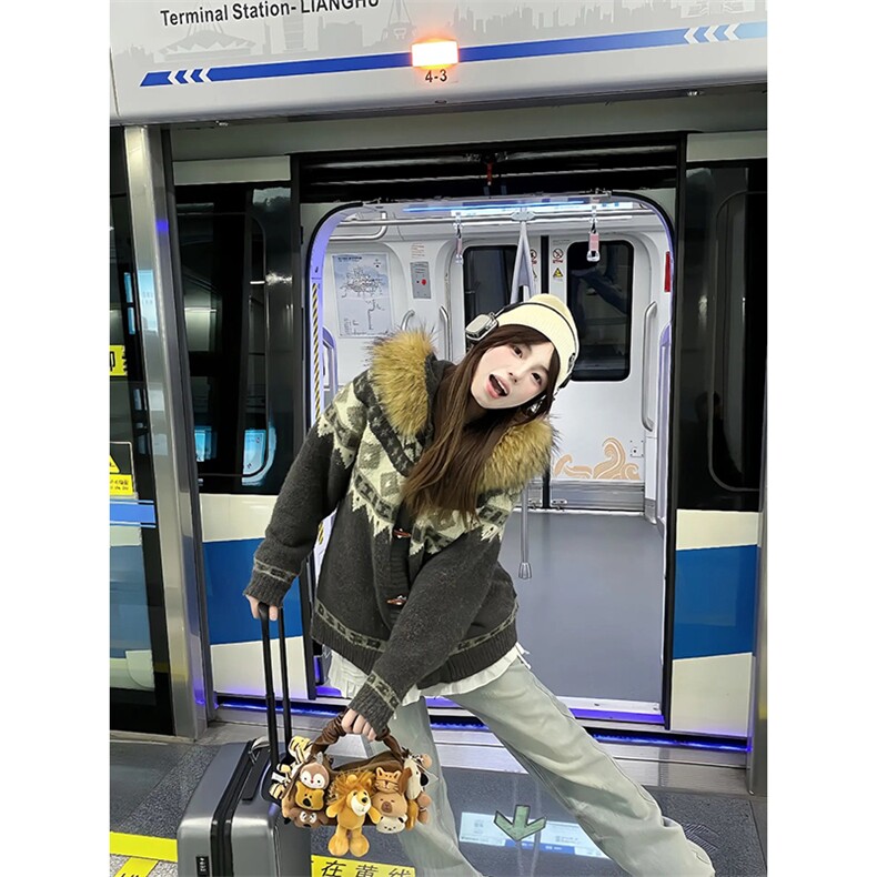 重磅北极绒座山雕大毛毛领毛衣外套冬美式复古休闲慵懒风针织开衫,男装针织衫/毛衣,电商A486