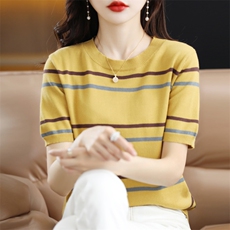 条纹纯棉线短袖t恤女针织打底衫女夏季新款拼色圆领半袖短款上衣，女装T恤，彩羽羊绒