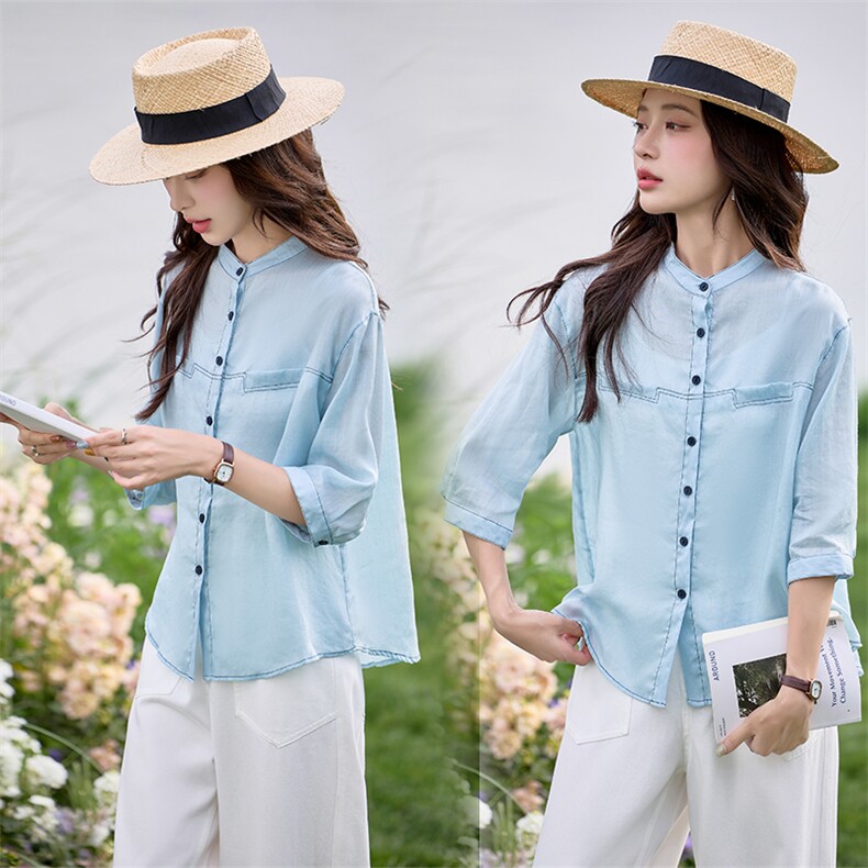 时尚七分袖苎麻衬衫女2025夏新款宽松显瘦小个子减龄气质小衫上衣，女装衬衫，余墨