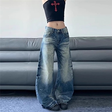 美式复古高街水洗泼墨弯刀牛仔裤男女宽松阔腿拖地裤W4041_P50，男装牛仔裤，星座1112-1
