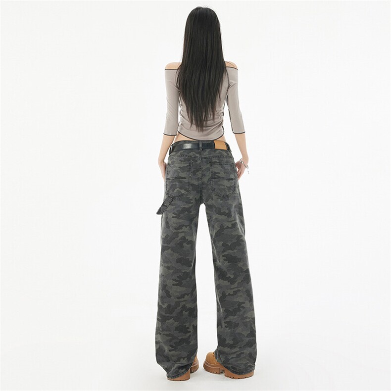 美式复古迷彩工装裤女春夏款显瘦垂感宽松直筒牛仔裤子YD6601-P45,男装休闲裤,星座509