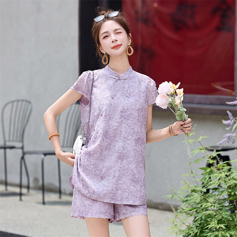 新中式国风提花改良旗袍上衣短裤两件套女2025夏季新款巨好看套装,女装套装/套裙,韩宇舍