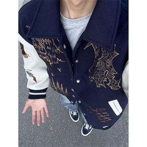 毛呢拼皮刺绣棒球服夹克JK0162-P65图片