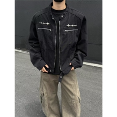 美式复古短款拼接牛仔外套做旧潮牌设计感无领夹克男W6660-P65，男装工装外套，星座412-3