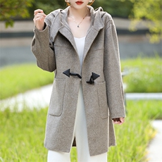 2024秋冬新款百搭羊毛英伦风连帽经典羊毛大衣，女装双面呢大衣，豪顺羊绒