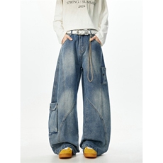 W11127-P55网图现货潮牌美式解构阔腿水洗牛仔裤复古宽松长裤，男装牛仔裤，星座1608