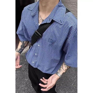 美式蓝色格子短袖衬衫男士夏季衬衣cleanfit休闲上衣LC2177-p40图片
