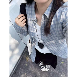 美式复古蓝格子衬衫宽松慵懒长袖衬衣开衫外套薄款C2253-特价42图片
