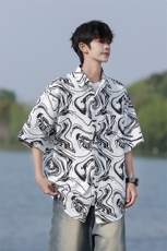wassuphappy水墨短袖衬衫男夏季薄款潮牌高级感衬衣宽松休闲外套，男装衬衫，星座109-1