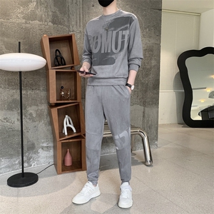 青年圆领长袖两件套麂皮绒休闲运动套装男春秋季潮流时尚TZ12-P85图片