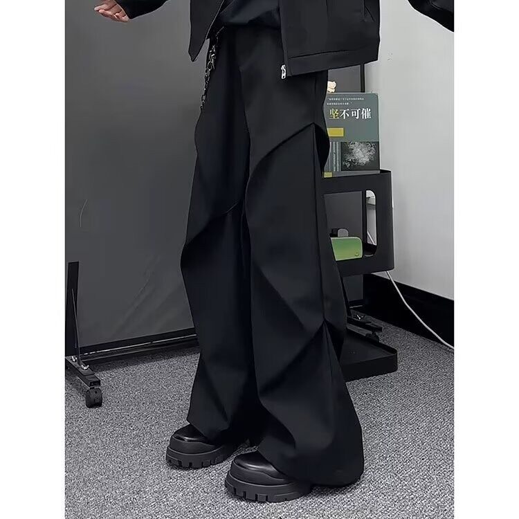 高街褶皱黑色弯刀哈伦休闲裤男装宽松工装直筒微喇拖地长裤高级感,男装工装外套,星座506A
