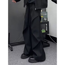 高街褶皱黑色弯刀哈伦休闲裤男装宽松工装直筒微喇拖地长裤高级感，男装工装外套，星座506A