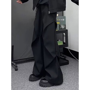 高街褶皱黑色弯刀哈伦休闲裤男装宽松工装直筒微喇拖地长裤高级感图片