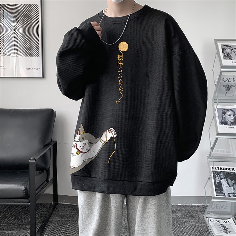 华夫格卫衣圆领卫衣男大码长袖t恤男外套HW76013-P30加绒款-P40,男装卫衣,电商A040