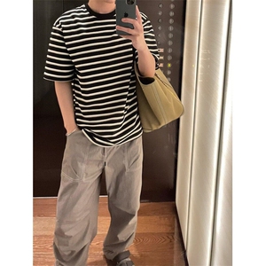 W9476-P43 网图现货 日系简约条纹短袖t恤潮流宽松落肩针织上衣,男装T恤,星座1608-2