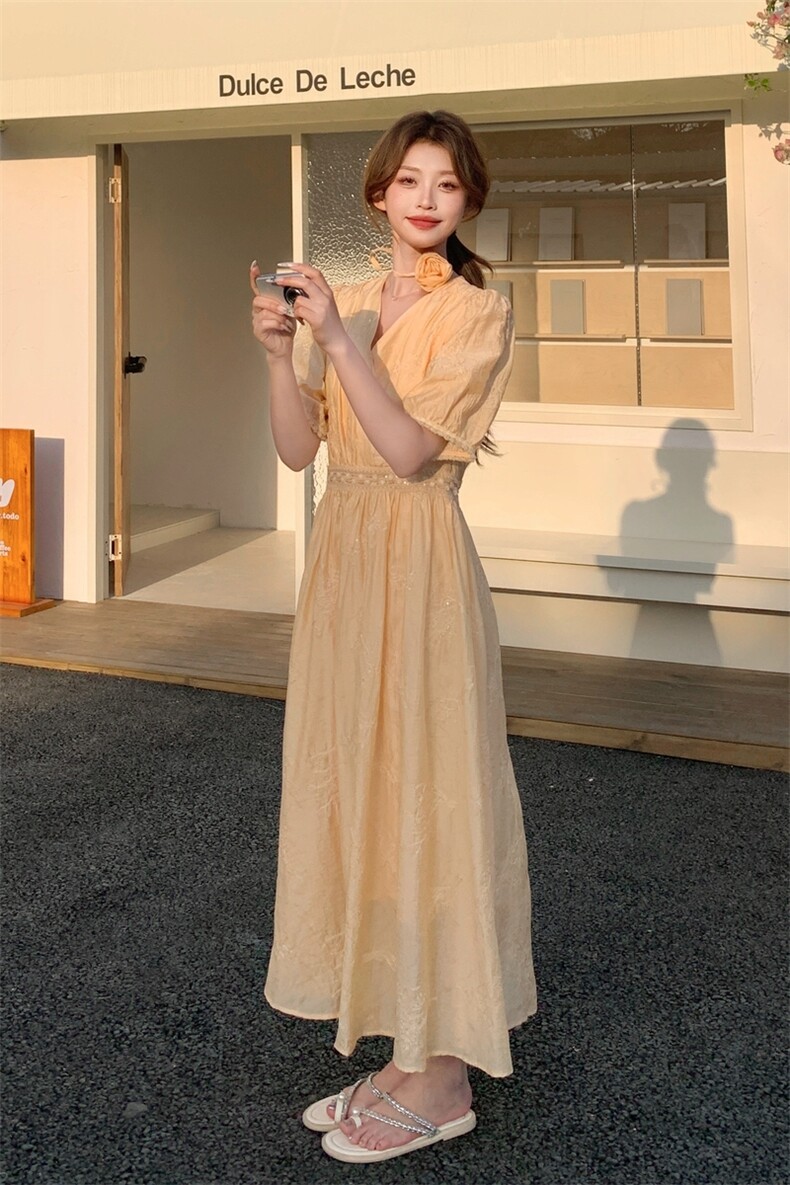 夏季新品！亮片刺绣花朵度假风连衣裙85113桔色-208A-P175-K270，女装连衣裙，浙宝208A