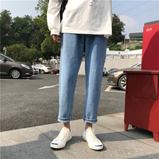 款高转化宽松直筒质感纯蓝色韩版潮流休闲9分牛仔裤主推现货，男装牛仔裤，星座302B