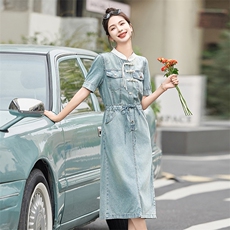 2024夏季新款薄款短袖新中式国风盘扣牛仔连衣裙女中长款立领裙子，女装连衣裙，依路服饰