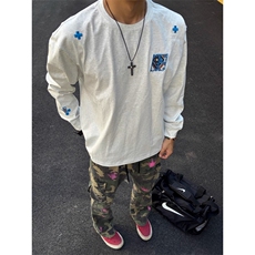 美式复古贴布刺绣长袖T恤男女秋季国潮宽松休闲刺绣情侣上衣，男装T恤，星座208-5