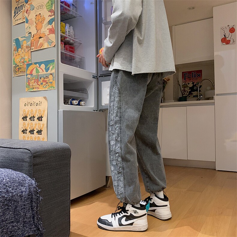 牛仔裤男直筒宽松潮牌春季潮流韩版百搭裤子腰果花阔腿裤N107-p45图片