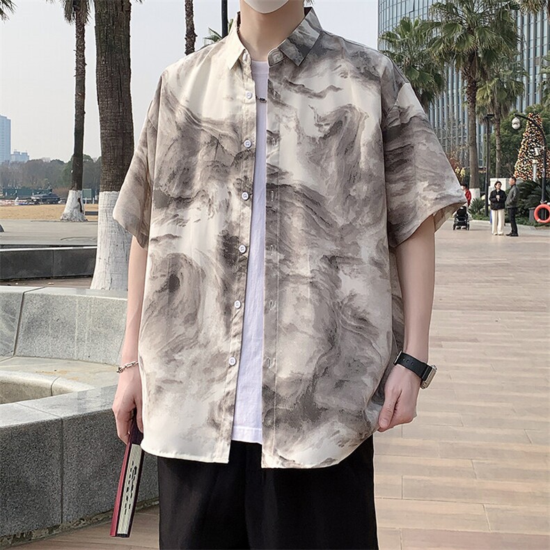 沙滩宽松港风休闲水墨画短袖衬衫男潮装清凉花衬衣7235P35,男装衬衫,电商A056