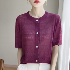 法式镂空冰麻针织短袖T恤女开衫2025夏薄透气显瘦上衣半袖t恤衫，女装T恤，凯思米羊绒