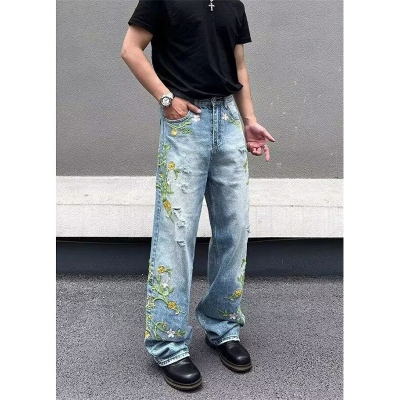 夏季2025花卉刺绣牛仔裤男女宽松垂感直筒休闲百搭长裤子NT5633,男装牛仔裤,星座1116A（原606A-3）