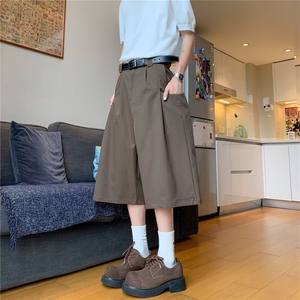 夏季日系复古咖啡色休闲七分裤子男女宽松设计感直筒裤阔腿裤图片