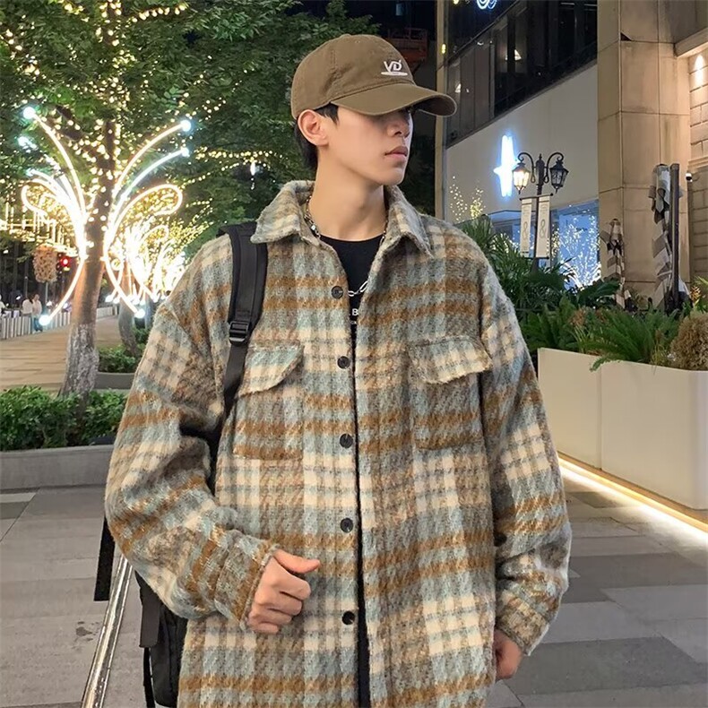 W1028-P57 春季新款格子衬衫男秋季宽松高级感痞帅长袖衬衣图片