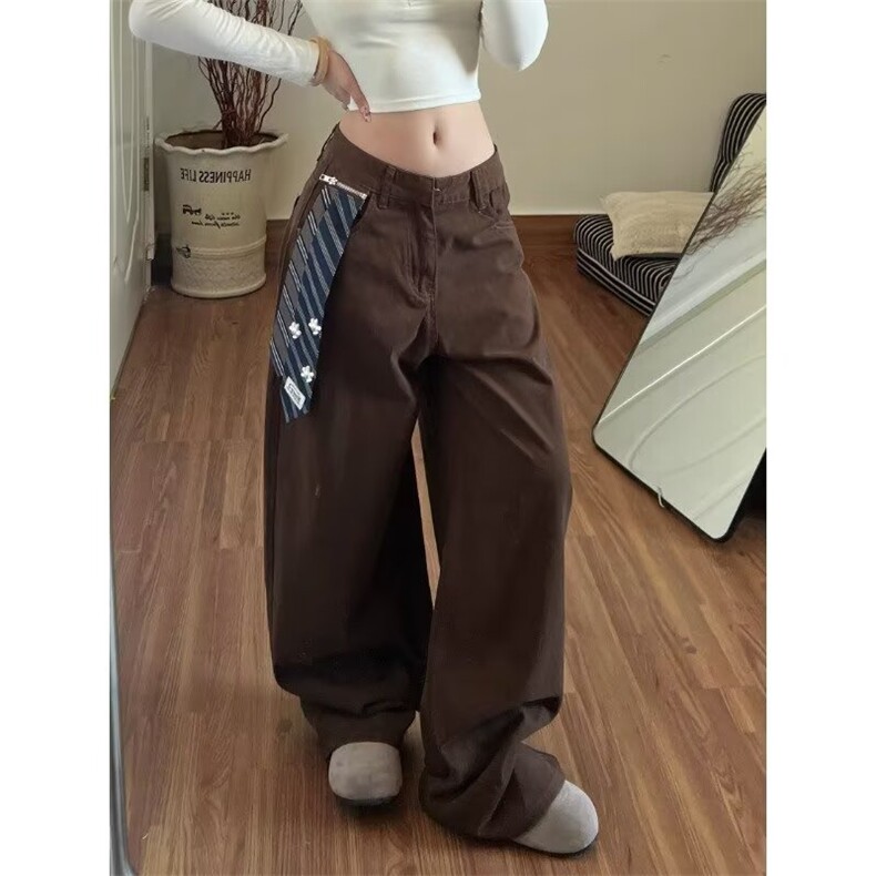 美拉德穿搭领带拼接牛仔裤男女设计感宽松弯刀裤S546P62,男装牛仔裤,星座1112-1