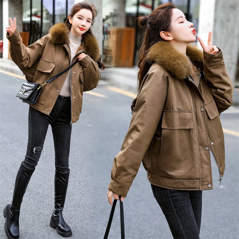 棉衣/棉服2021新款冬兔毛中长款工装带帽棉服女外套配毛领，女装派克服，瑶迪依秀