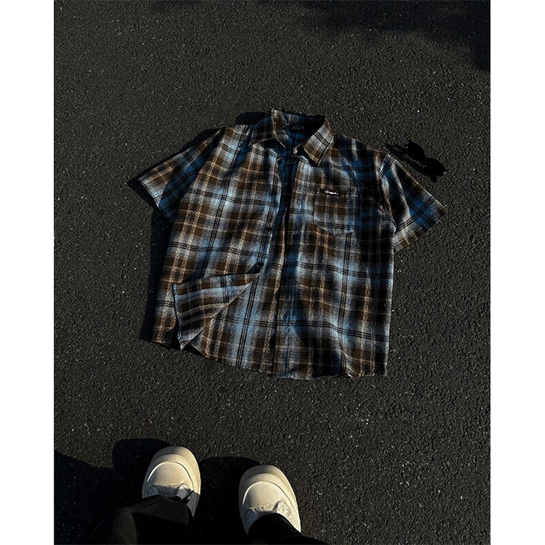 8XL-M 美式格子短袖衬衫男上衣复古宽松格纹五分袖衬衣CS524P48图片