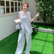 休闲气质盐系浅灰色无袖上衣阔腿裤套装女夏季ootd穿搭减龄两件套，女装套装/套裙，蝶眷