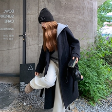 现货新款女装韩范中长款过膝双面羊绒大衣黑灰色高端毛呢连帽，女装毛呢外套，韩然一族