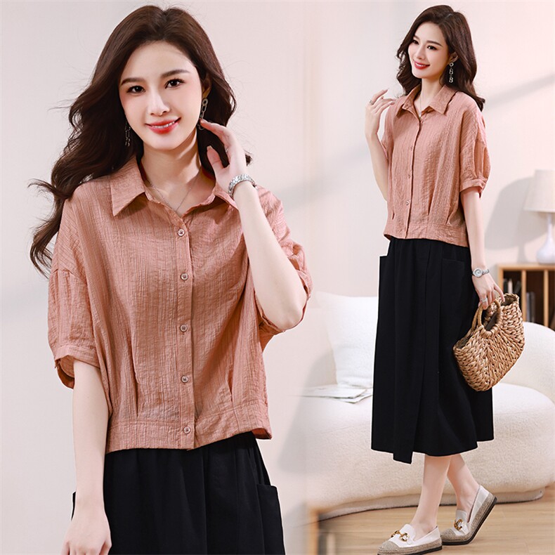 2024年夏新款时尚气质优雅高腰减龄舒适亲肤透气女神短袖衬衣，女装蕾丝衫/雪纺衫，木子恋