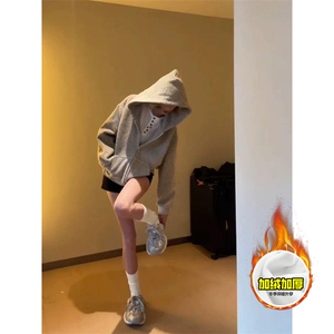 480G重磅加绒硬挺boxy 男女秋冬美式高街条纹毛呢卫衣开衫厚外套图片
