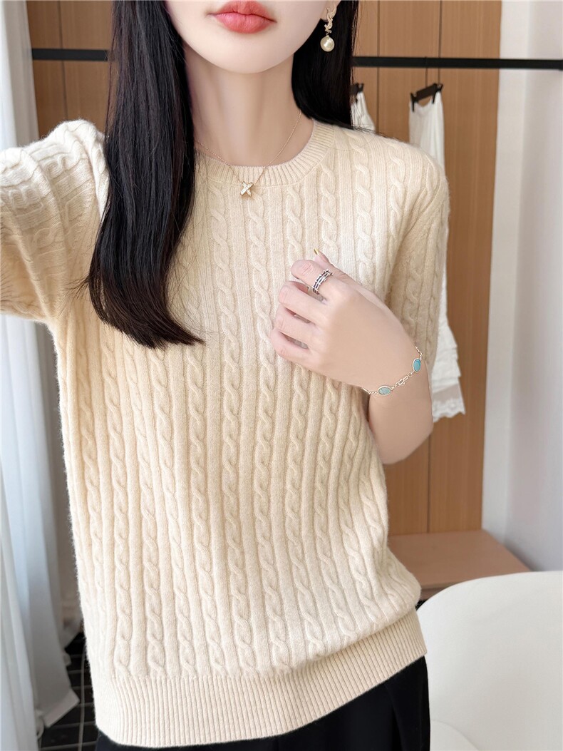 拉夫同款圆领麻花短袖,女装羊毛衫,优麦羊绒（原洪叶羊绒）