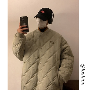 特批P90无差价冬菱形格加棉加厚棒球服男oversize棉衣保暖外套M51图片