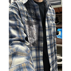 春秋夏新款美式复古街头格子衬衣男女宽松字母印花长袖衬衫CT06，男装衬衫，星座1116A（原606A-3）