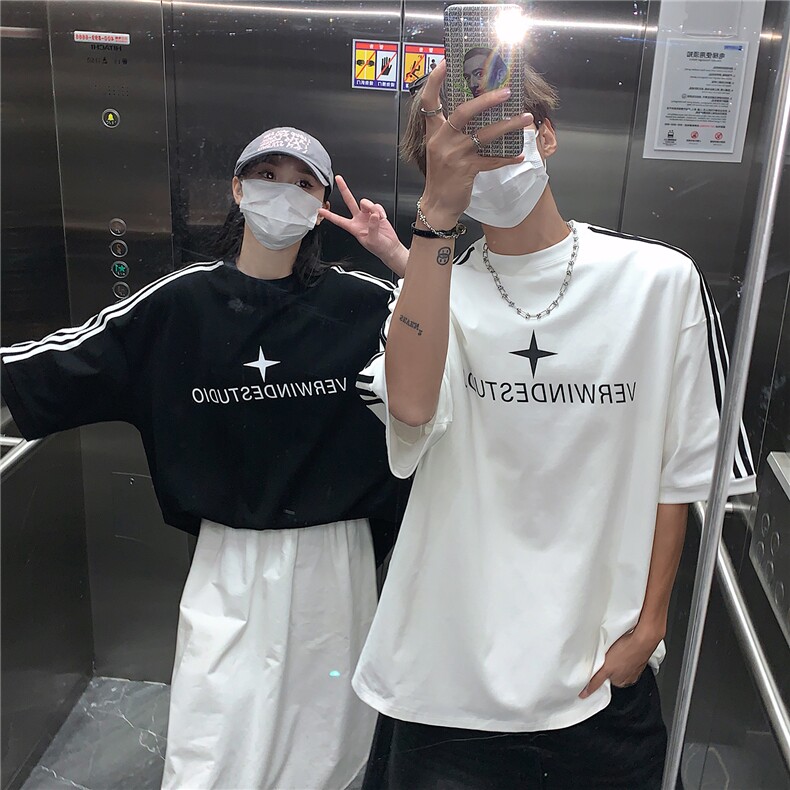 美式短袖 三条杠织带情侣短袖T恤男女宽松重磅体恤上衣G1080 P35图片